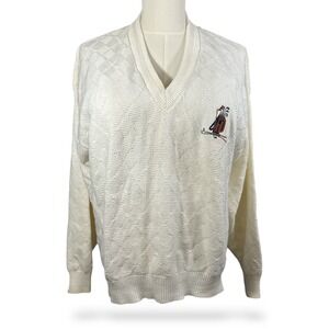 Scottish Isle Bernette Vintage Cream Cotton V-Neck Golf Sweater Diamond Knit XL